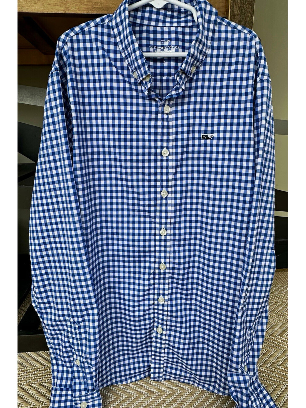 Vineyard Vines Boys L Blue/White Check Button-Down Whale Embroidered Stretch